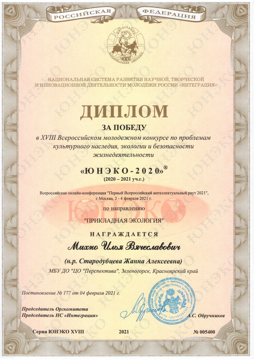 Михно Диплом за победу ЮНЕКО Интеграция 2021
